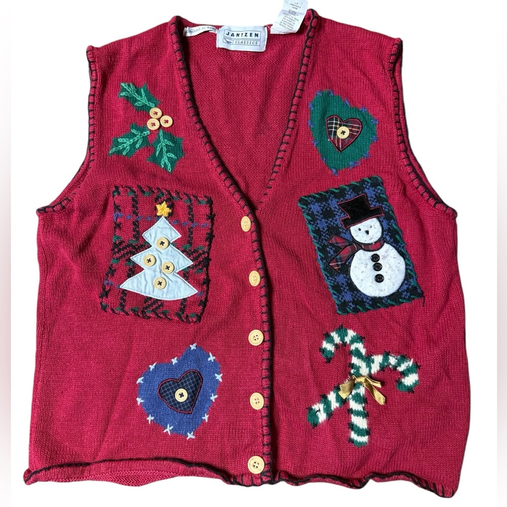 Jantzen Classics Hand Embroidered Knit Ugly Christmas Sweater Vest Sz Large